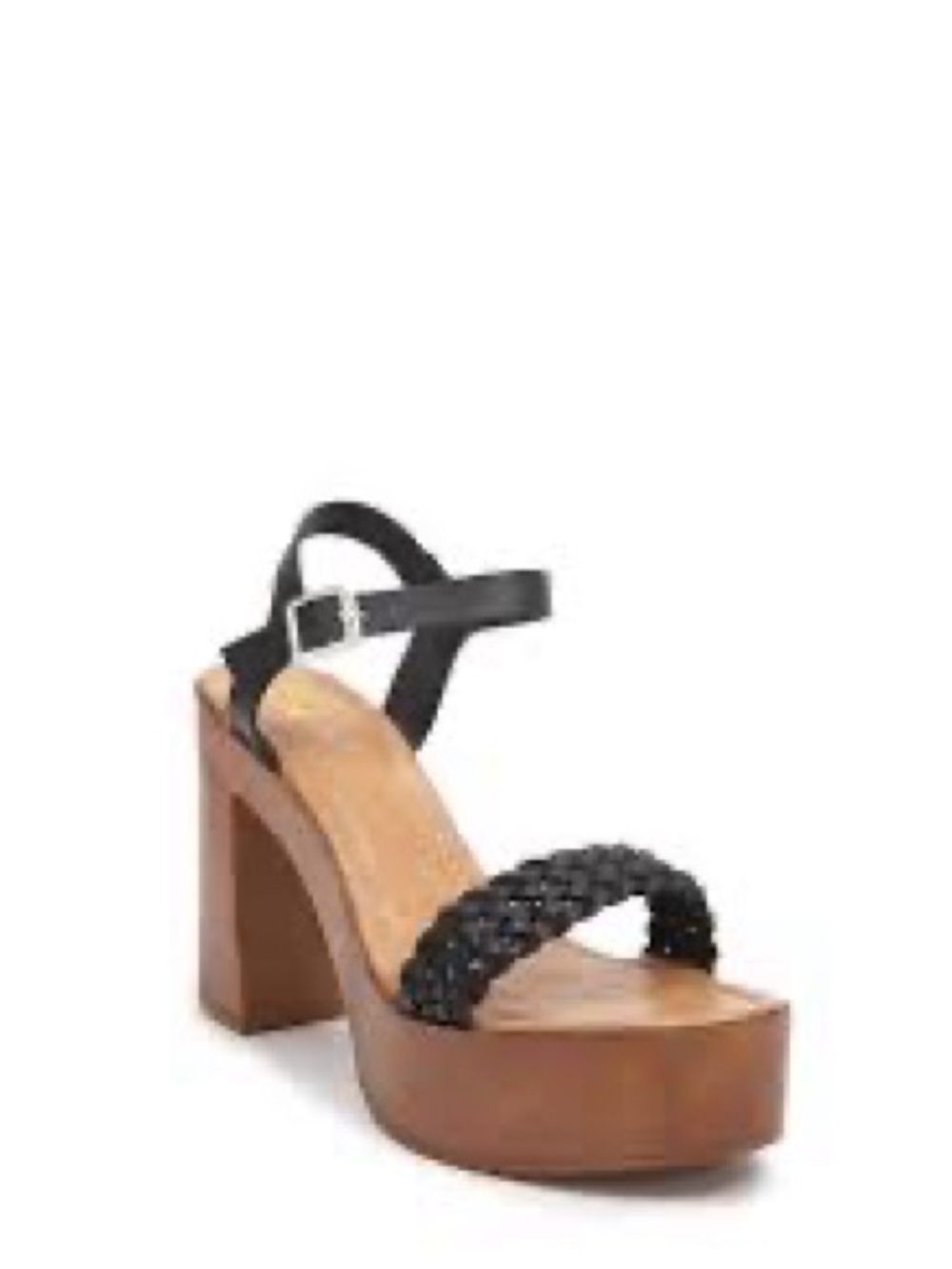 Black Braided Strap Platform Sandals with Wood-Look Heel SIZE 6.5